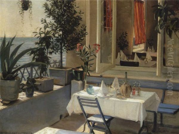 Italiensk Terrasse Ved Havet Oil Painting by Harald Slott-Moller