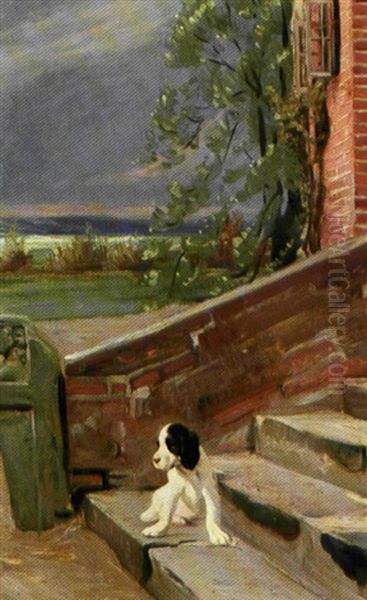 Hundehvalp Pa En Stentrappe Oil Painting by Harald Slott-Moller