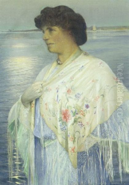 Portraet Af Kunstnerens Hustru Agnes Slott-moller I Blomstret Shawl Ved Vandet Oil Painting by Harald Slott-Moller