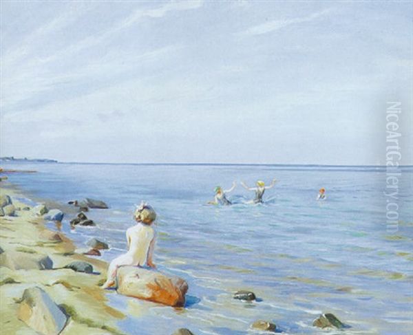 Badende Piger Ved Stranden Oil Painting by Harald Slott-Moller