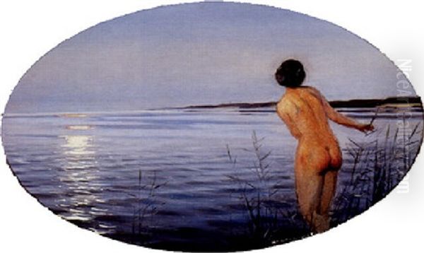 Ung Pige I Vandkanten, Aften Ved Midsommertide Oil Painting by Harald Slott-Moller