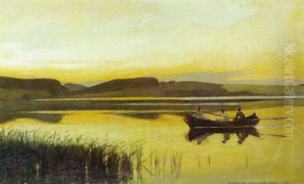 Solnedgang Over En So I Forgrunden Mennesker I En Robad Oil Painting by Harald Slott-Moller