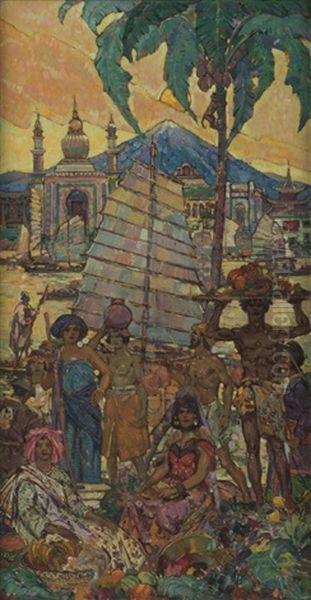 Indonesian Scene With Figures Oil Painting by Frank Joseph van Sloun