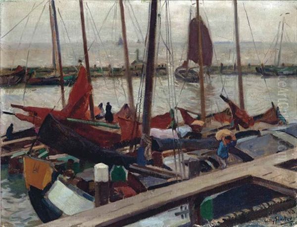 Willy Sluiter Boats In The Harbour Of Volendam Oil Painting by Willy Sluijter