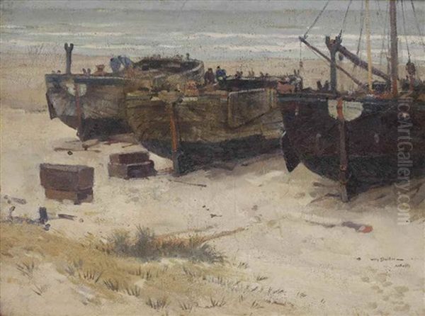 Bomschuiten On The Beach, Katwijk Oil Painting by Willy Sluijter