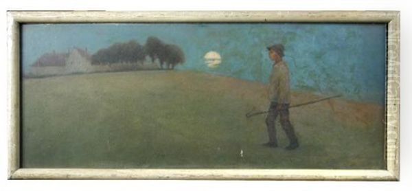 Eventide - A Young Shepherd Boy Going Home By The Light Of The Moon Oil Painting by Willy Sluijter