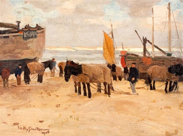 Bomschuiten Op Het Katwijkse Strand Oil Painting by Willy Sluijter