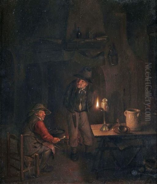 Kucheninterieur Mit Zwei Bauern Bei Lampenschein Oil Painting by Richard Brakenburgh