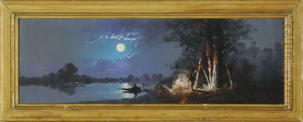 Moonlit River Scene Oil Painting by Clarence E. Braley