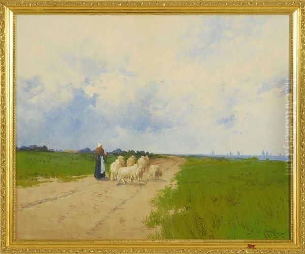 Shepherdess And Sheep On A Country Road Oil Painting by Clarence E. Braley