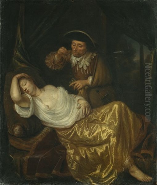 A Courtesan Being Watched By A Cavalier Oil Painting by Jacob van der Sluis