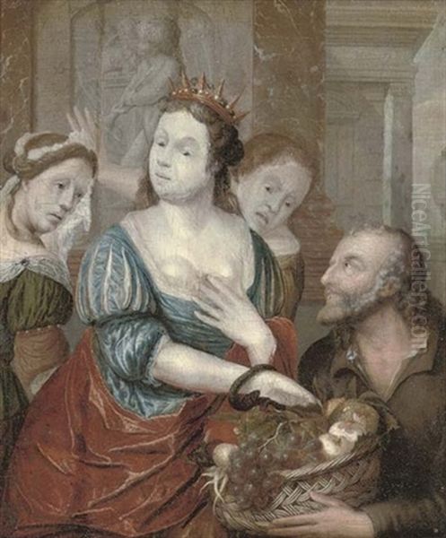 Cleopatra Receiving The Asp From A Basket Of Fruit, With Her Attendants Iras And Charmion Oil Painting by Jacob van der Sluis