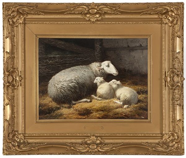 Ewe And Two Lambs In A Barn Oil Painting by Theo van Sluys