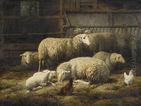 A Barn Interior With Sheep And Chickens Oil Painting by Theo van Sluys