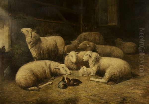 Sheep In A Barn Oil Painting by Theo van Sluys