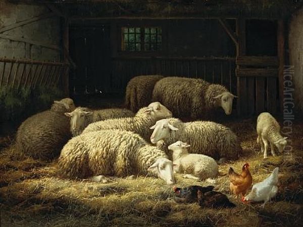 Ewes, Lambs And Chickens In A Barn Oil Painting by Theo van Sluys