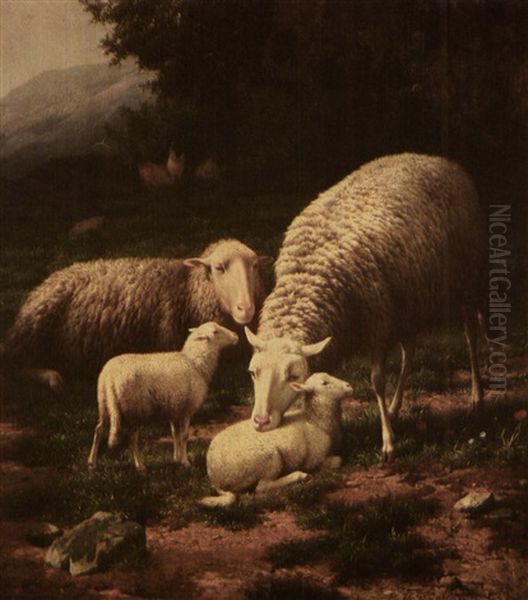 Sheep Family In Bucolic Setting Oil Painting by Theo van Sluys