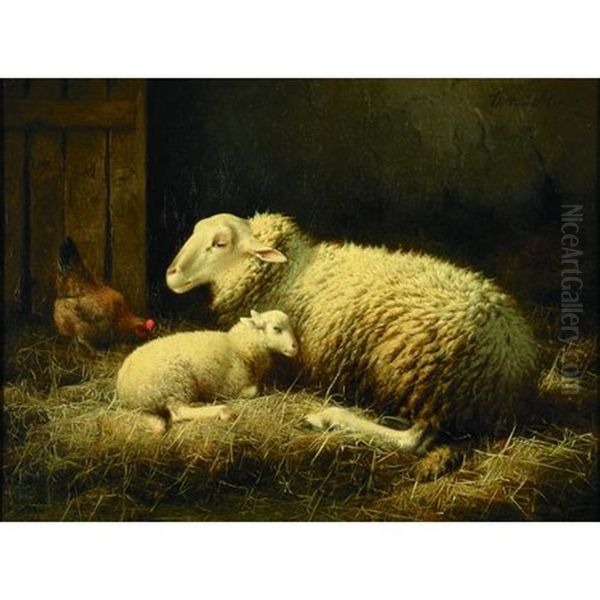 A Stable Interior With A Ewe, Lamb And A Chicken Oil Painting by Theo van Sluys