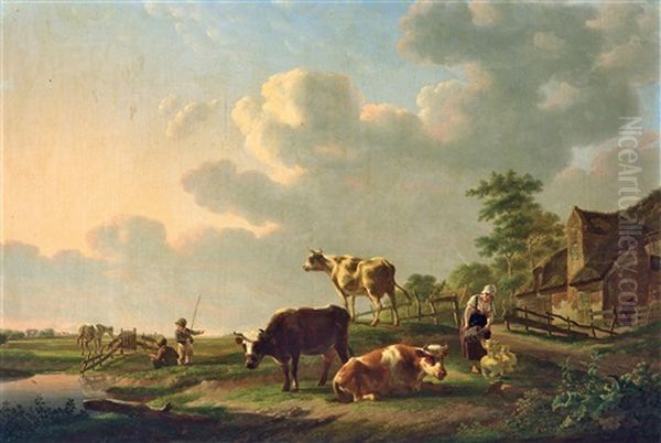 Weideidylle Mit Kuhen, Pferd Und Kleinen Anglern Oil Painting by Gillis Smak Gregoor