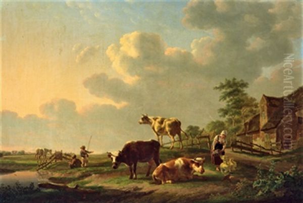 Weideidylle Mit Kuhen, Pferd Und Kleinen Anglern Oil Painting by Gillis Smak Gregoor