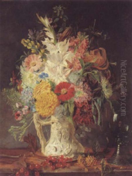 A Vase Of Flowers With Self Portrait Oil Painting by Frederick Smallfield