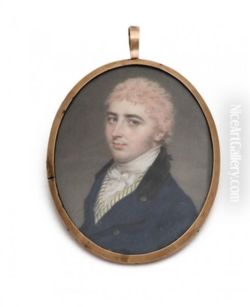 A Georgian Miniature Of A Gentleman In White Bow And Cravat And A Blue Coat With Striped Yellow Waistcoat Oil Painting by John Smart IV