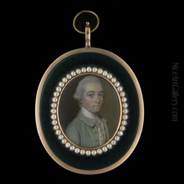 Portrait Miniature Of A Gentleman, In A Gold Frame, The Miniature With Pearl Border And Further Border Of Green Glass, The Reverse Glazed To Reveal Plaited Brown Hair, Later Fitted Green Leather Case Oil Painting by John Smart IV