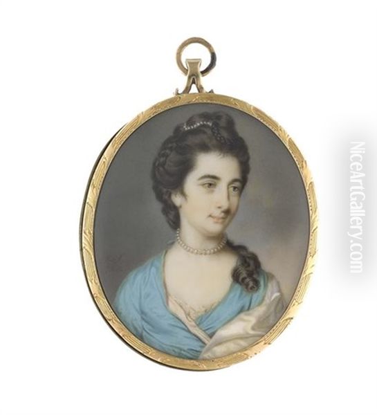 Portrait Miniature Of A Lady, Traditionally Believed To Be Lady Dorchester, Wearing A Blue Dress Over A White Chemise, A White Satin Shawl, A Pearl Choker At Her Neck, Her Brown Hair Worn Upswept, Plaited, Curled And Adorned With A String Of Pearls Oil Painting by John Smart IV