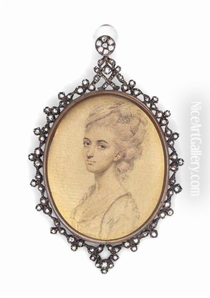 A Preparatory Sketch Of Mrs Drake Of Bedford Square, In Decollete Pale Blue Dress, Wearing A Chain With A Pendant, Her Upswept Curled Hair Dressed With A White Plume And Cap Oil Painting by John Smart IV