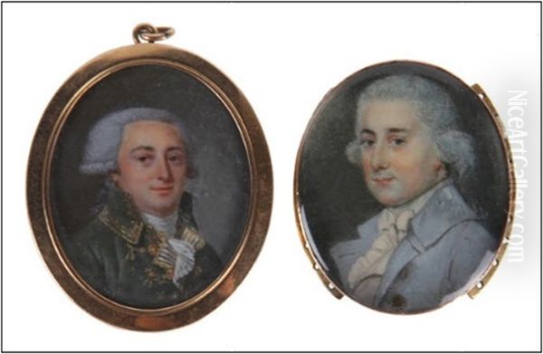 Miniature Ovale Peinte Sur Ivoire D'un Portrait D'un Homme Noble Vetu D'un Manteau Bleu Clair, D'une Cravate Blanche Et Chemise Oil Painting by John Smart IV