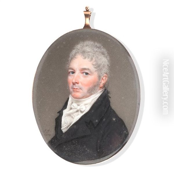 A Portrait Miniature Of A Gentleman, Wearing Black Coat, White Waistcoat, Stock And Cravat Oil Painting by John Smart the Elder