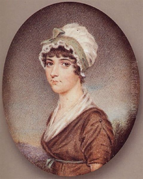 Portrait Of A Young Lady, Wearing Brown Dress With White Fichu And Green Ribbon Waistband by John Smart the Younger