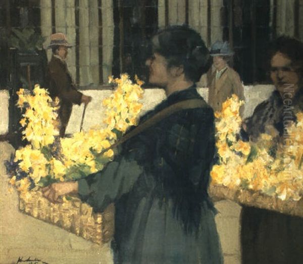 The Flowersellers, Argyle Street, Glasgow Oil Painting by John Smellie