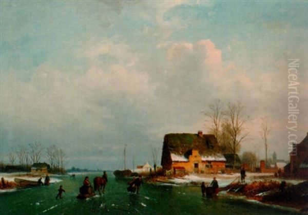 A Dutch Winter Landscape With Figures Skating Oil Painting by Henri de Smeth