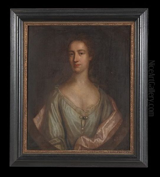 Half-length Portrait Of A Woman In Pale Blue Within A Painted Oval Oil Painting by John Smibert