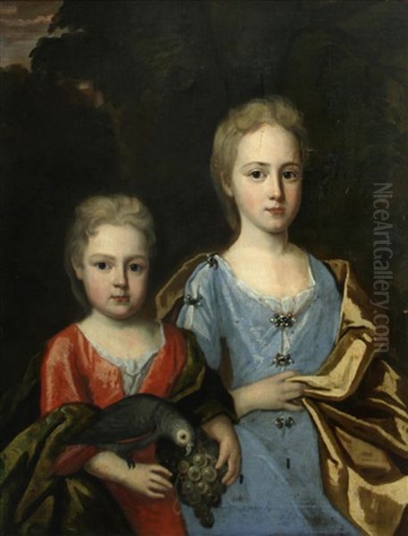 A Portrait Of Two Children, The Younger Child Holding A Parrot And A Bunch Of Grapes Oil Painting by John Smibert