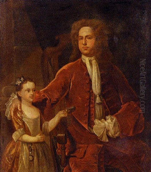 Portrait Of A Gentleman And His Daughter, In An Interior, The Girl Wearing A Globe Charm And Holding A Tobacco Box Oil Painting by John Smibert