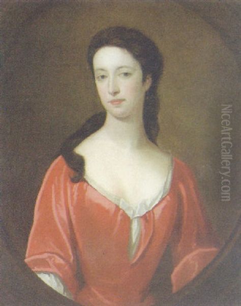 Portrait Of A Lady Wearing A Red Dress, In A Painted Cartouche Oil Painting by John Smibert