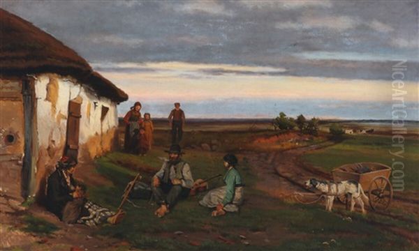 From The Moor With People By A House Oil Painting by Hans Ludvig Smidth