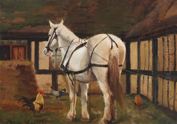 Farm Yard With Horse And Hens Oil Painting by Hans Ludvig Smidth