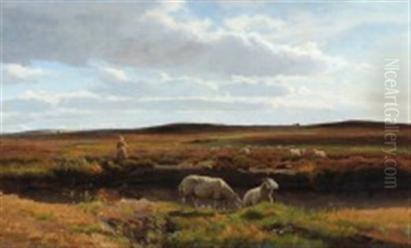 A Girl And Her Sheep In The Meadow Oil Painting by Hans Ludvig Smidth