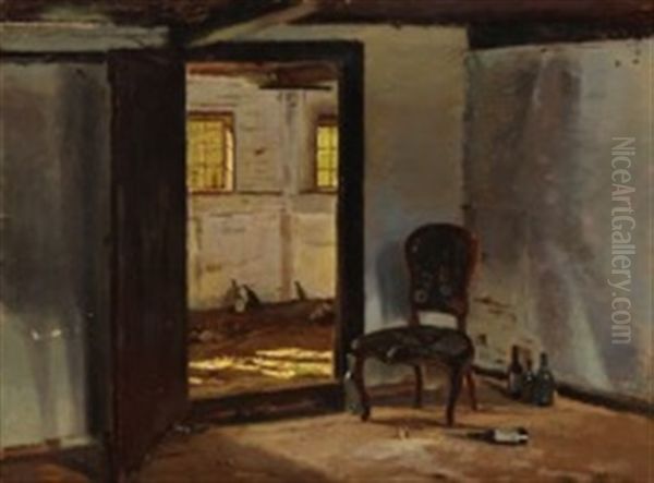 Interior From An Abandoned Farm House With Empty Bottles And A Chair Oil Painting by Hans Ludvig Smidth