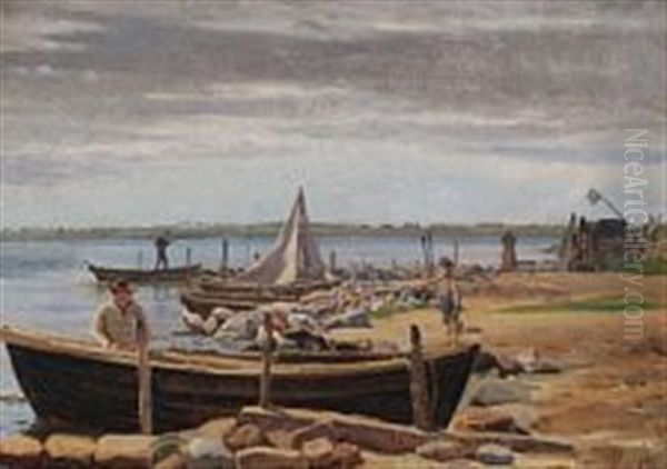 Fisker I En Baad, Limfjorden Oil Painting by Hans Ludvig Smidth