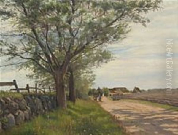 Summerday With People On A Country Road Oil Painting by Hans Ludvig Smidth