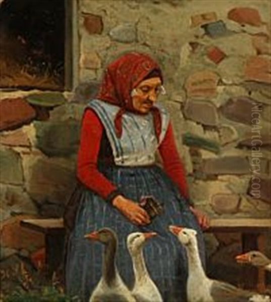 An Old Woman Feeding Geese Oil Painting by Hans Ludvig Smidth