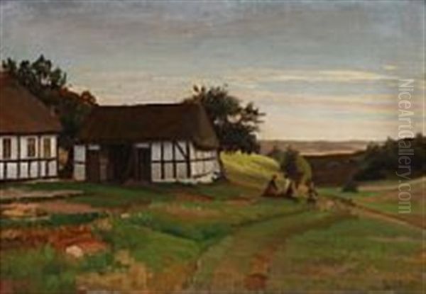 Children Playing In Front Of A Farm House Oil Painting by Hans Ludvig Smidth