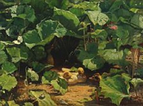 Ducklings In The Sunlight Between Dock Leaves Oil Painting by Hans Ludvig Smidth