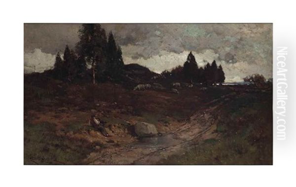 The Shepherd, Grey Autumn Oil Painting by George Henry Smillie