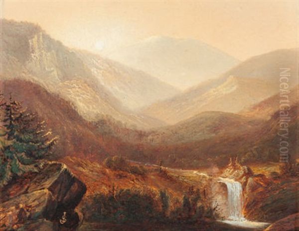 Waterfall And Distant Hills Oil Painting by James David Smillie