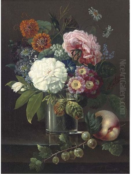 Roses, Marigolds, Daisies, Primroses And Other Summer Blooms In A Glass By A Peach And A Sprig Of Gooseberries Oil Painting by Johan Carl Smirsch